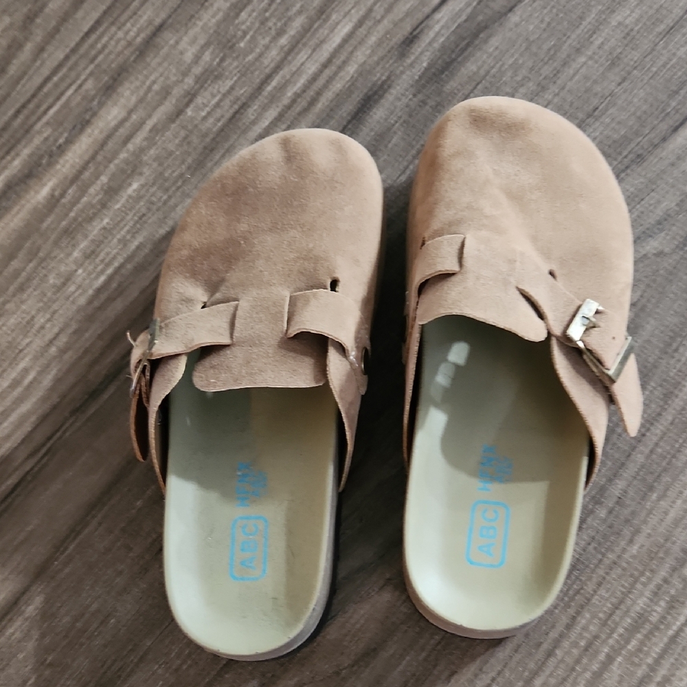 Women's Tan Suede Mules with Buckle